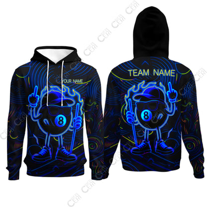 Customized 8 Ball Pool Hoodies, 8-Ball Billiard Neon Cartoon Flaming, Billiard Jerseys