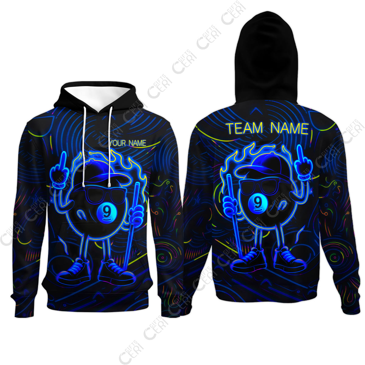 Customized 9 Ball Pool Hoodies, 9-Ball Billiard Neon Cartoon Flaming, Billiard Jerseys