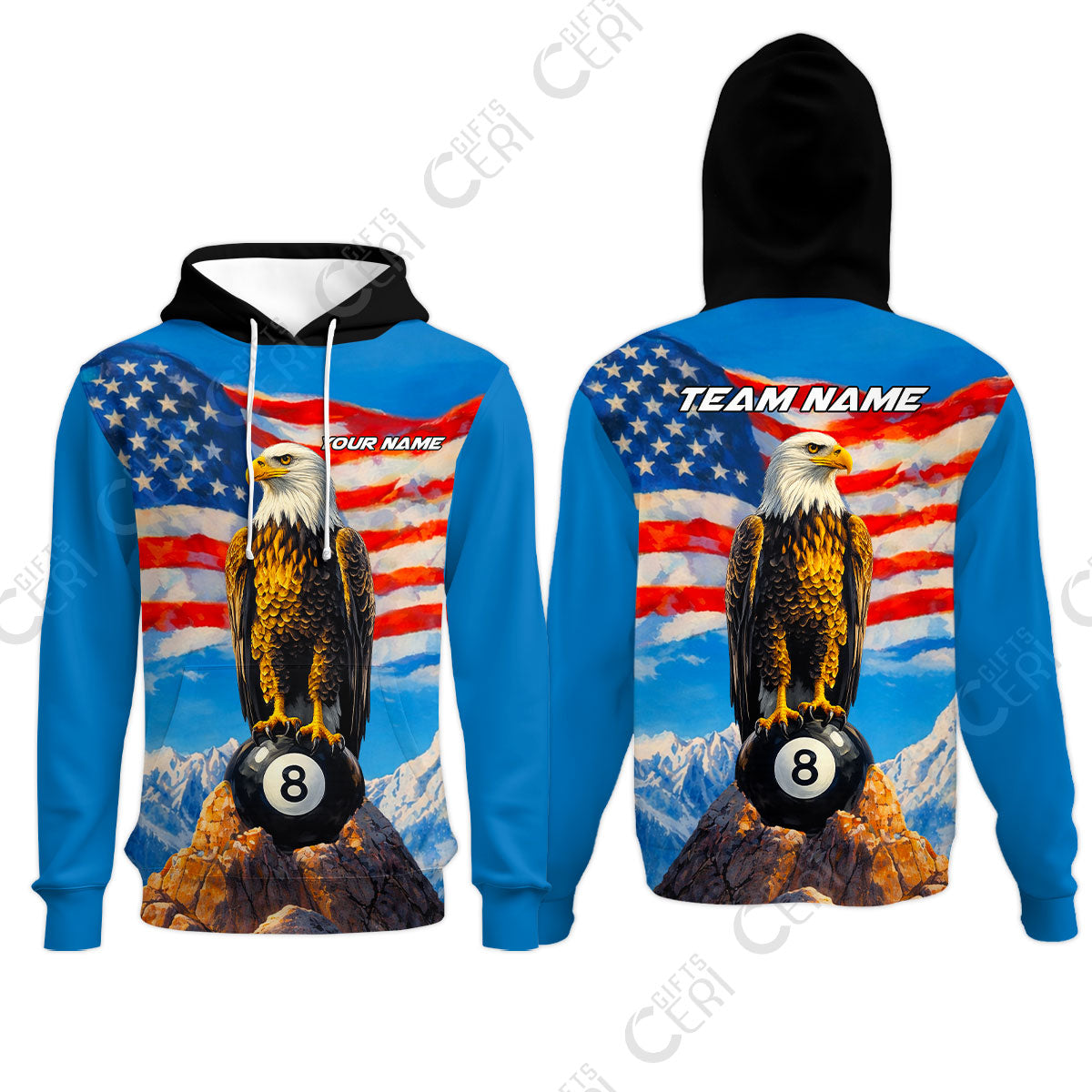 Customized Billiards Hoodies, Personalized American Flag With Eagle 8 Ball Jersey Gift For Billiard Players