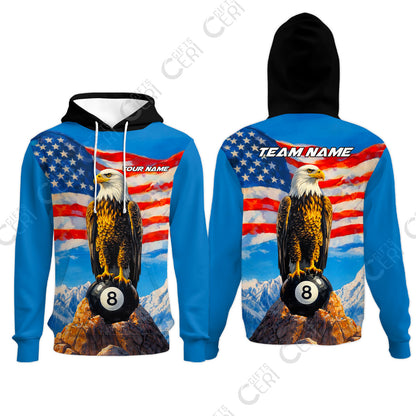 Customized Billiards Hoodies, Personalized American Flag With Eagle 8 Ball Jersey Gift For Billiard Players