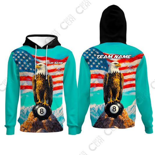Customized Billiards Hoodies, Personalized American Flag With Eagle 8 Ball Jersey Gift For Billiard Players