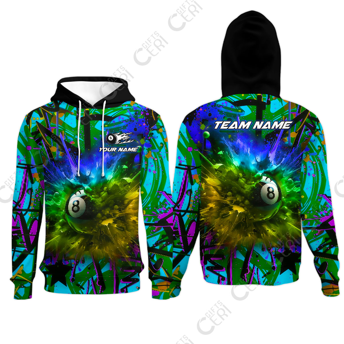 Customized Billiards Hoodies, Personalized Neon Chaos 8 Ball Jersey Gift For Billiard Players