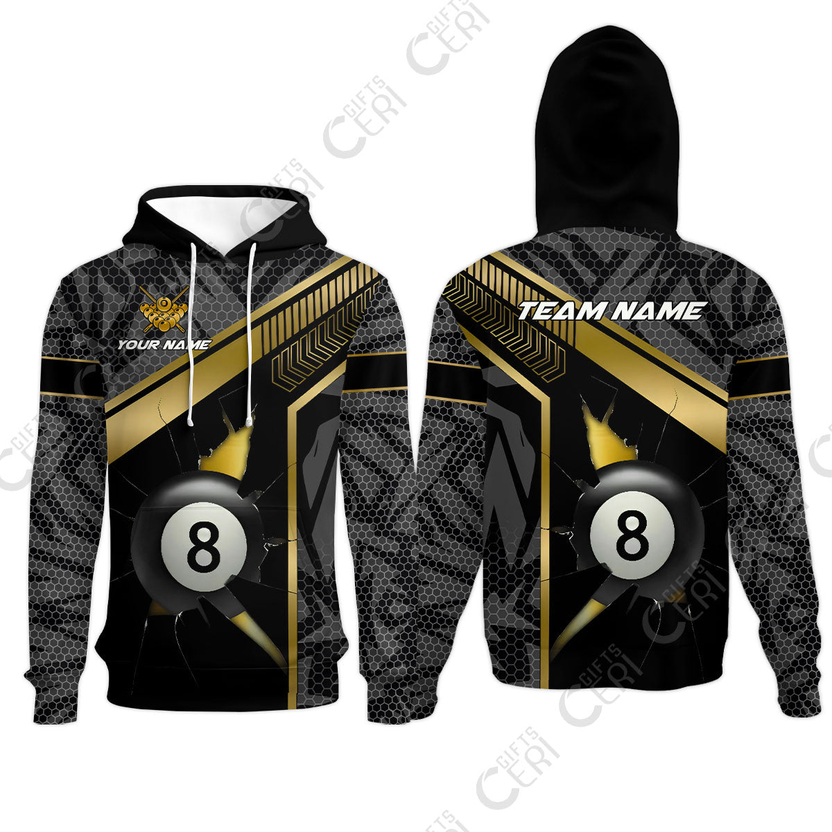 Customized Billiards Hoodies, Personalized Hexagonal Patterns With A Cracked Glass 8 Ball Jersey