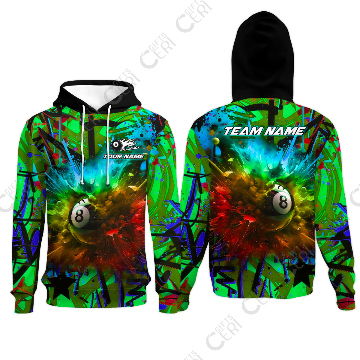 Customized Billiards Hoodies, Personalized Neon Chaos 8 Ball Jersey Gift For Billiard Players