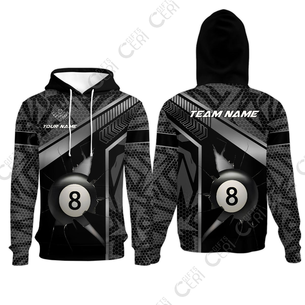 Customized Billiards Hoodies, Personalized Hexagonal Patterns With A Cracked Glass 8 Ball Jersey