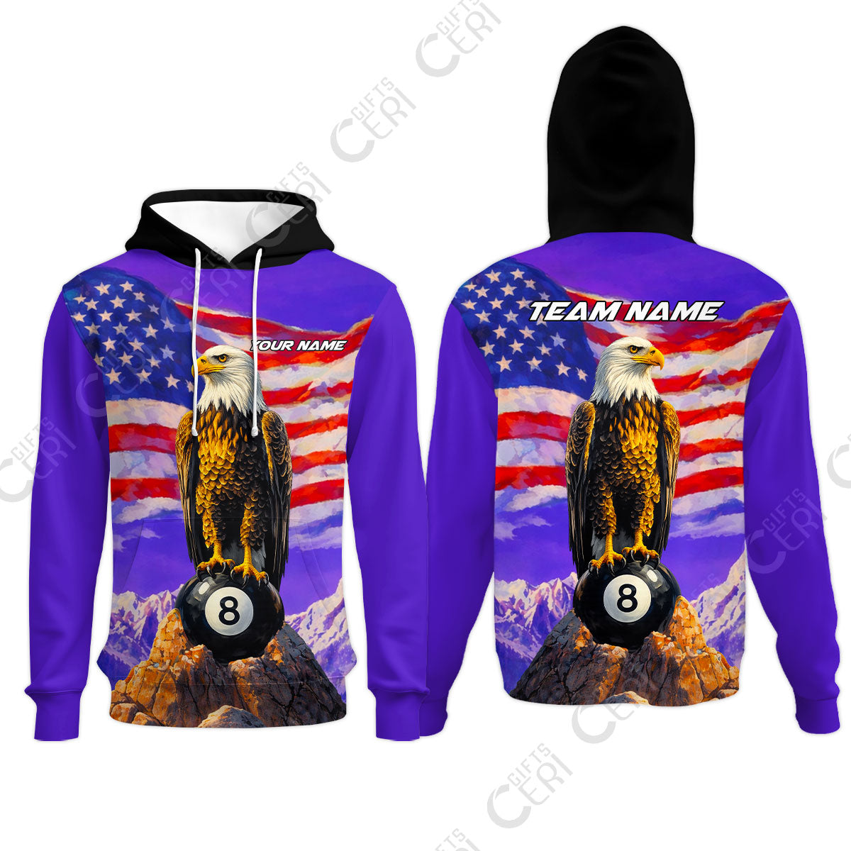 Customized Billiards Hoodies, Personalized American Flag With Eagle 8 Ball Jersey Gift For Billiard Players