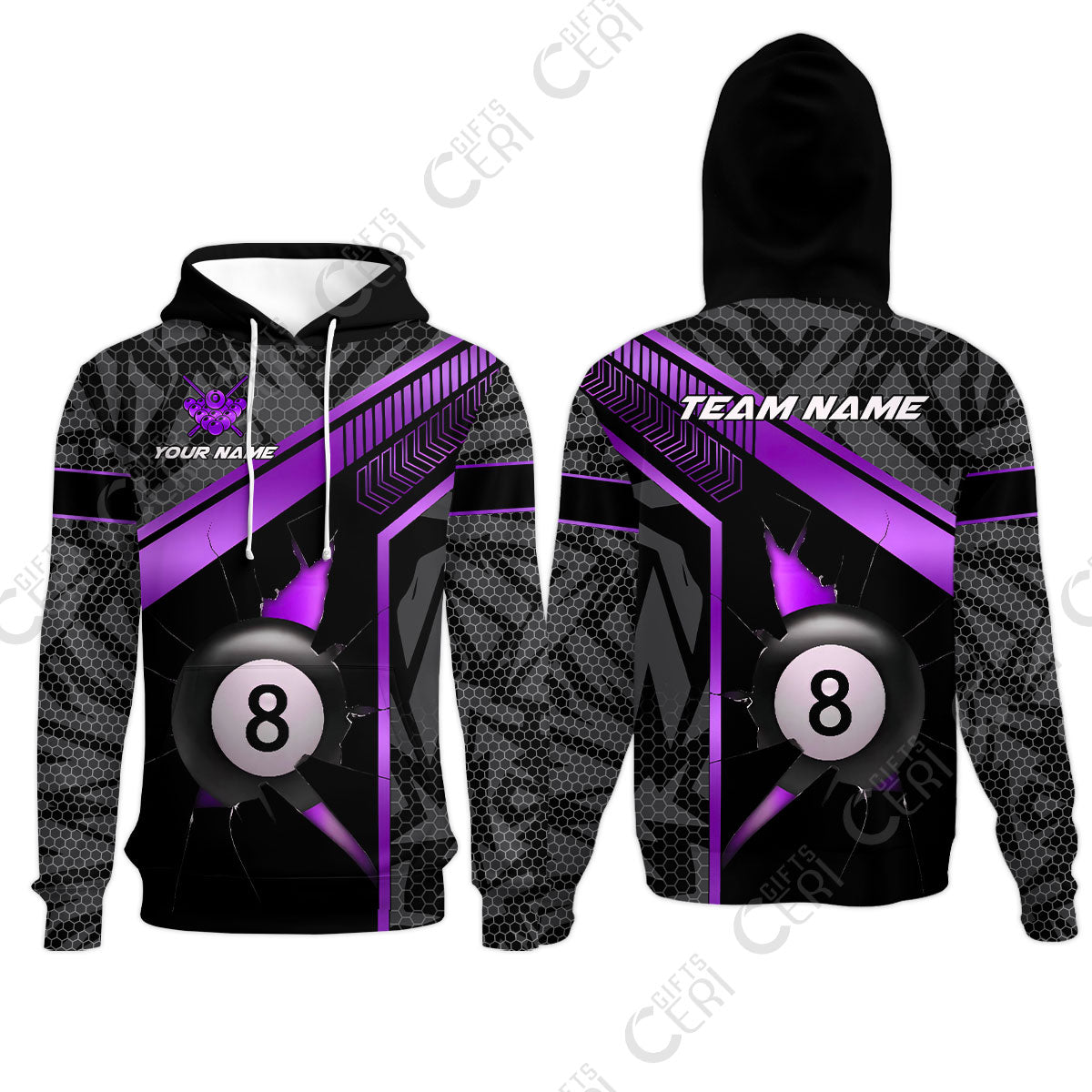 Customized Billiards Hoodies, Personalized Hexagonal Patterns With A Cracked Glass 8 Ball Jersey