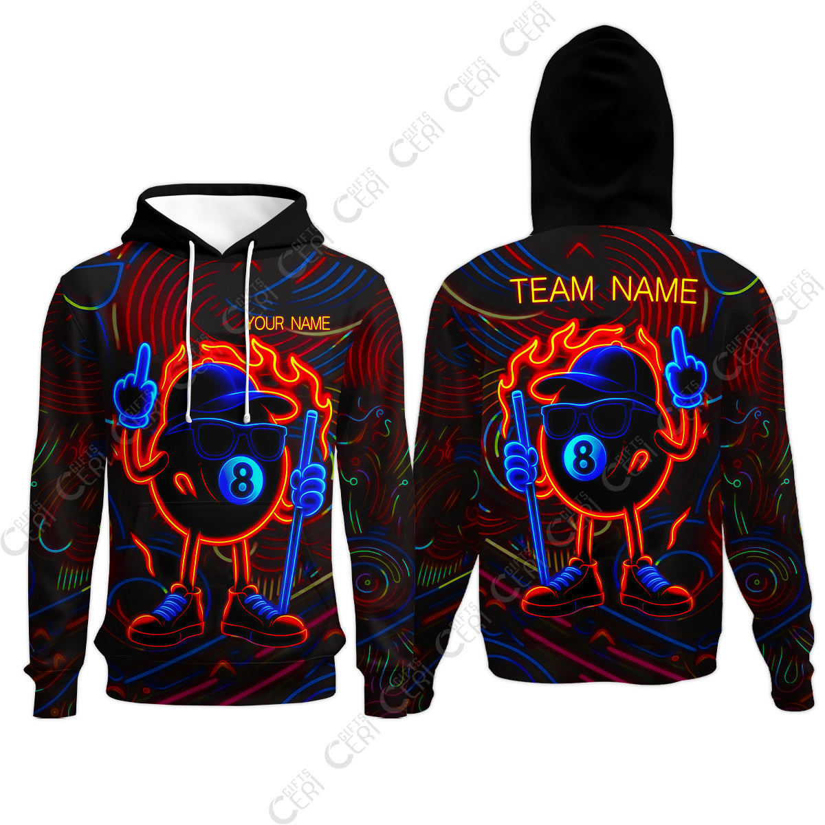 Customized 8 Ball Pool Hoodies, 8-Ball Billiard Neon Cartoon Flaming, Billiard Jerseys