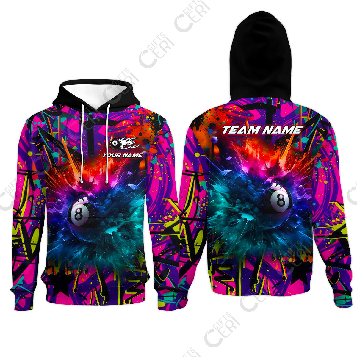 Customized Billiards Hoodies, Personalized Neon Chaos 8 Ball Jersey Gift For Billiard Players