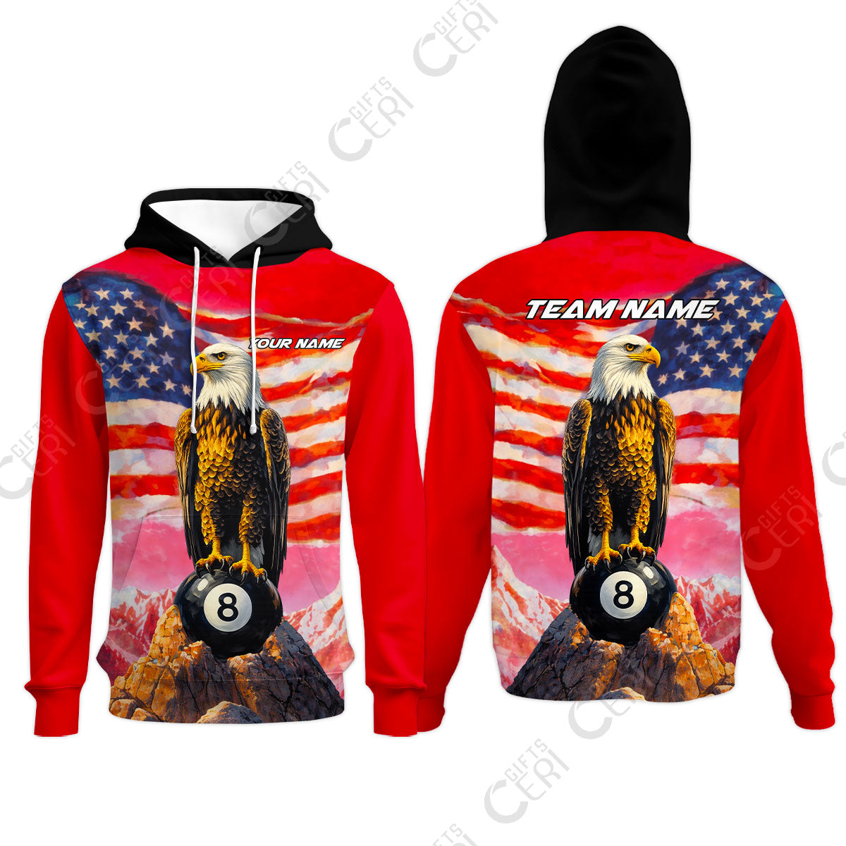 Customized Billiards Hoodies, Personalized American Flag With Eagle 8 Ball Jersey Gift For Billiard Players