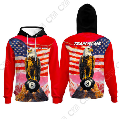 Customized Billiards Hoodies, Personalized American Flag With Eagle 8 Ball Jersey Gift For Billiard Players