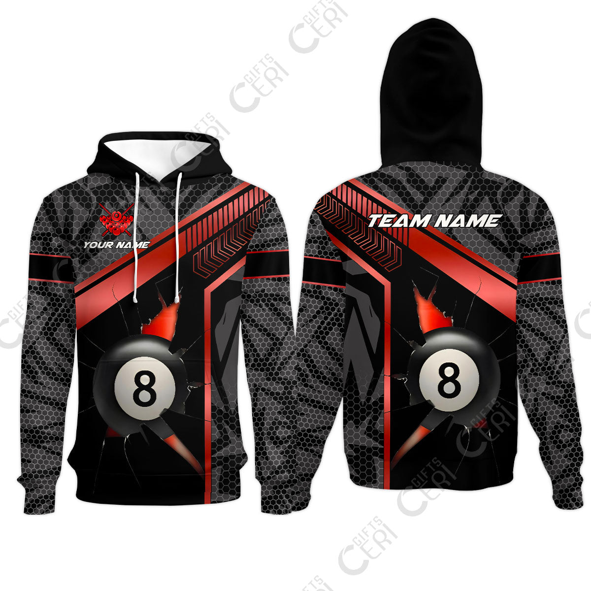 Customized Billiards Hoodies, Personalized Hexagonal Patterns With A Cracked Glass 8 Ball Jersey