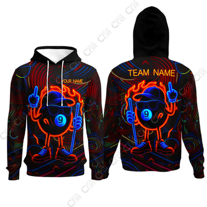 Customized 9 Ball Pool Hoodies, 9-Ball Billiard Neon Cartoon Flaming, Billiard Jerseys