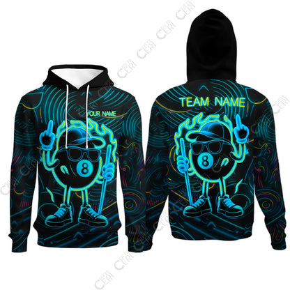 Customized 8 Ball Pool Hoodies, 8-Ball Billiard Neon Cartoon Flaming, Billiard Jerseys