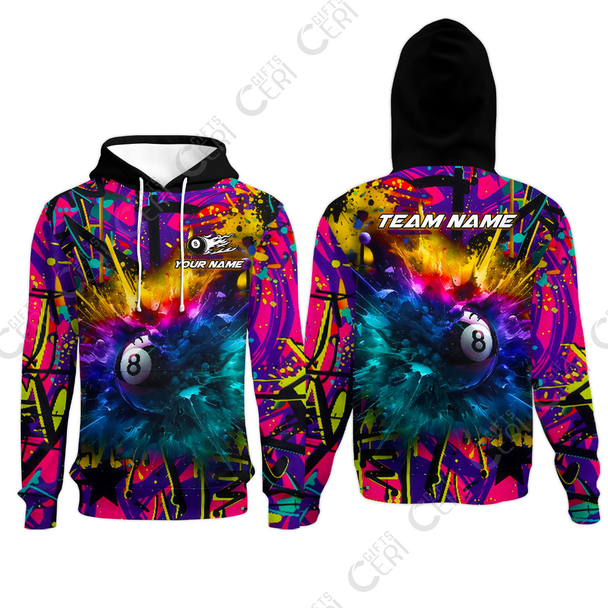 Customized Billiards Hoodies, Personalized Neon Chaos 8 Ball Jersey Gift For Billiard Players