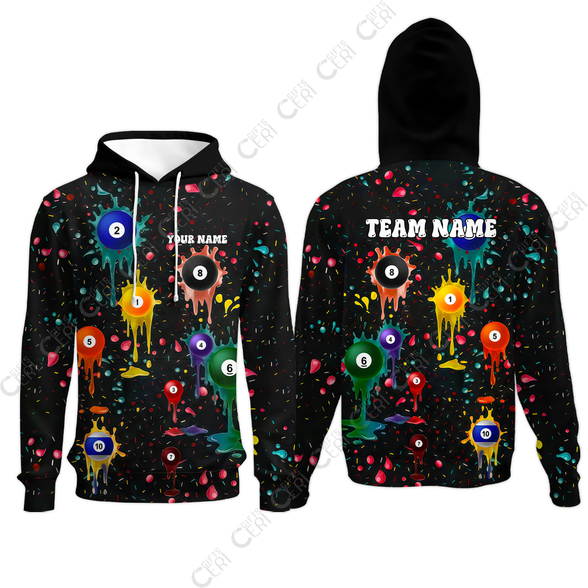 Customized 8 Ball Pool Hoodies, Billiards 8-Ball Colorful Paint-Splash, Billiards Jerseys