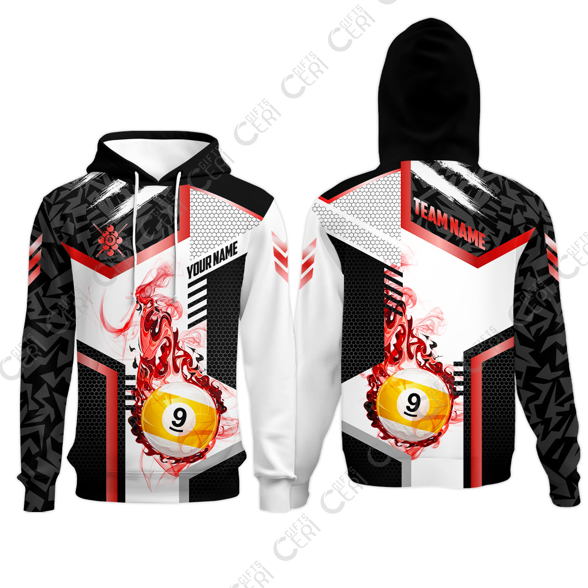 Customized 9 Ball Pool Hoodies, Flaming 9-Ball Graphic, Billiards Jersey