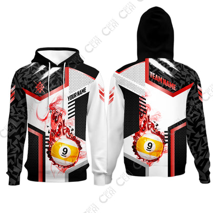 Customized 9 Ball Pool Hoodies, Flaming 9-Ball Graphic, Billiards Jersey