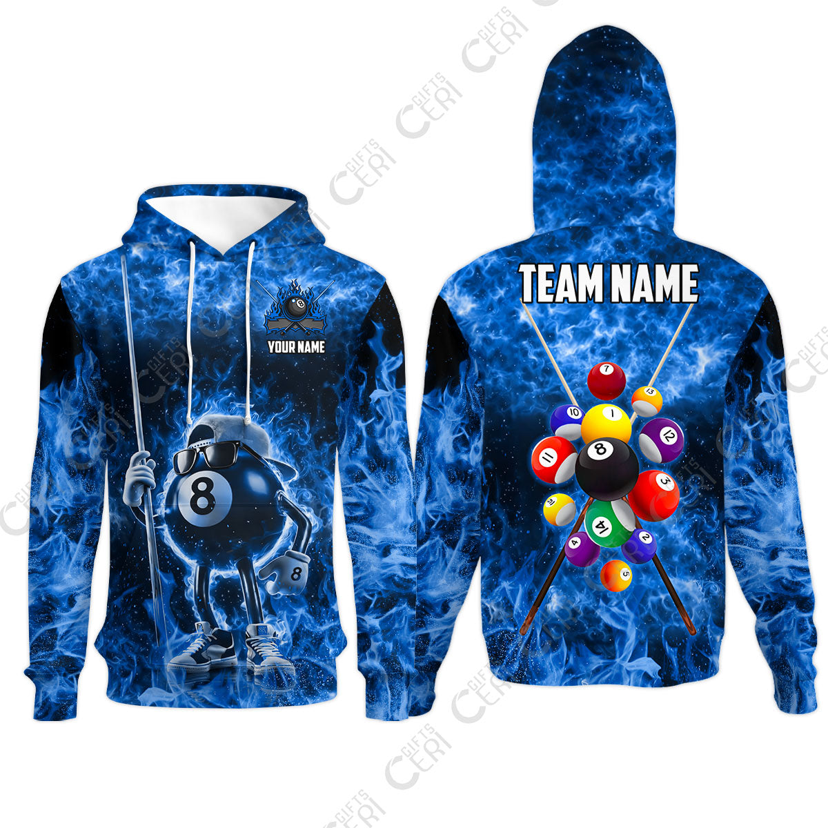 Customized 8 Ball Pool Hoodies, 8-Ball Wearing Cap And Sunglasses Flaming Burn, Billiard Jerseys