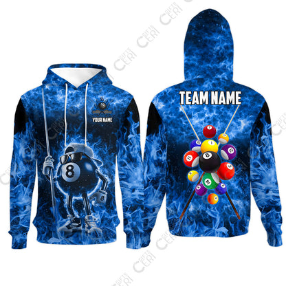 Customized 8 Ball Pool Hoodies, 8-Ball Wearing Cap And Sunglasses Flaming Burn, Billiard Jerseys