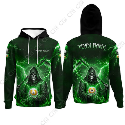 Customized 9 Ball Pool Hoodies, Lightning And Flame Grim Reaper With 9 Ball, Personalized Billiards Jersey