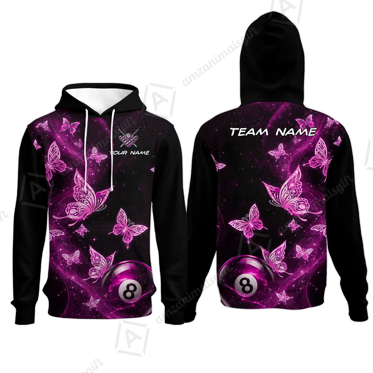 Customized 8 Ball Pool Hoodies, Galaxy And Butterflies, Personalized Billiards Jersey