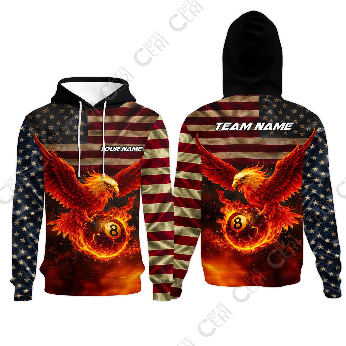 Customized 8 Ball Pool Hoodies, Billiards 8-Ball American Flag Fire Eagle, Billiards Jerseys