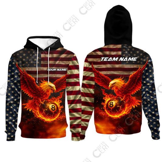 Customized 8 Ball Pool Hoodies, Billiards 8-Ball American Flag Fire Eagle, Billiards Jerseys