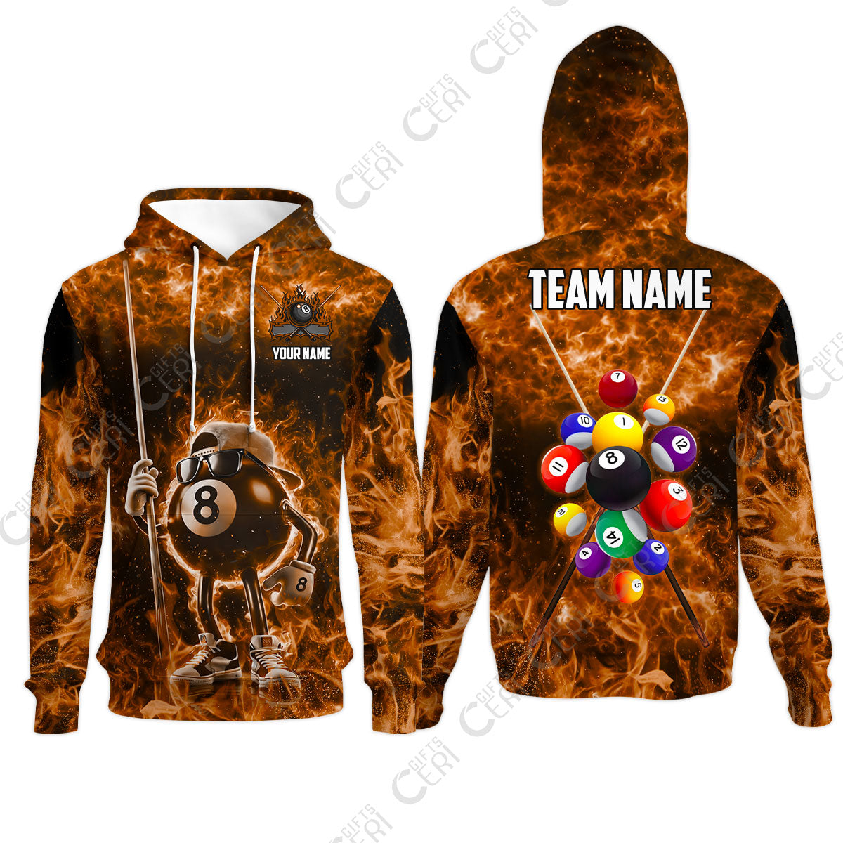 Customized 8 Ball Pool Hoodies, 8-Ball Wearing Cap And Sunglasses Flaming Burn, Billiard Jerseys