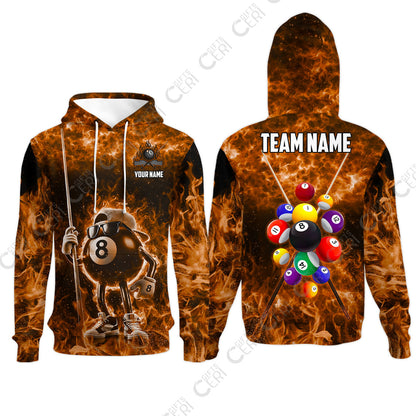 Customized 8 Ball Pool Hoodies, 8-Ball Wearing Cap And Sunglasses Flaming Burn, Billiard Jerseys