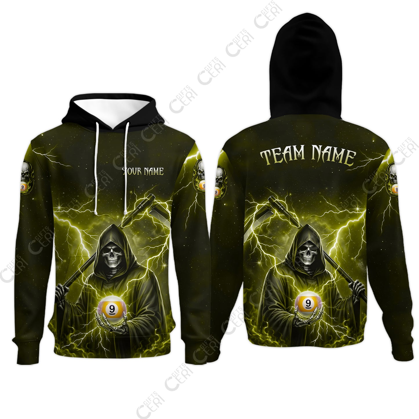 Customized 9 Ball Pool Hoodies, Lightning And Flame Grim Reaper With 9 Ball, Personalized Billiards Jersey
