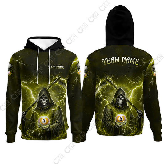 Customized 9 Ball Pool Hoodies, Lightning And Flame Grim Reaper With 9 Ball, Personalized Billiards Jersey