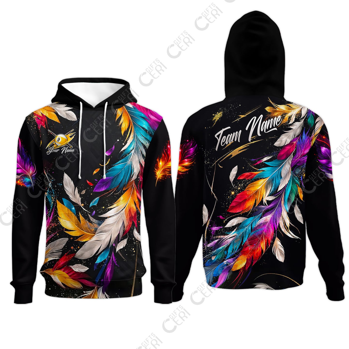 Customized 9 Ball Pool Hoodies, Feather Splash Billiard 9-ball, Personalized Billiards Jersey