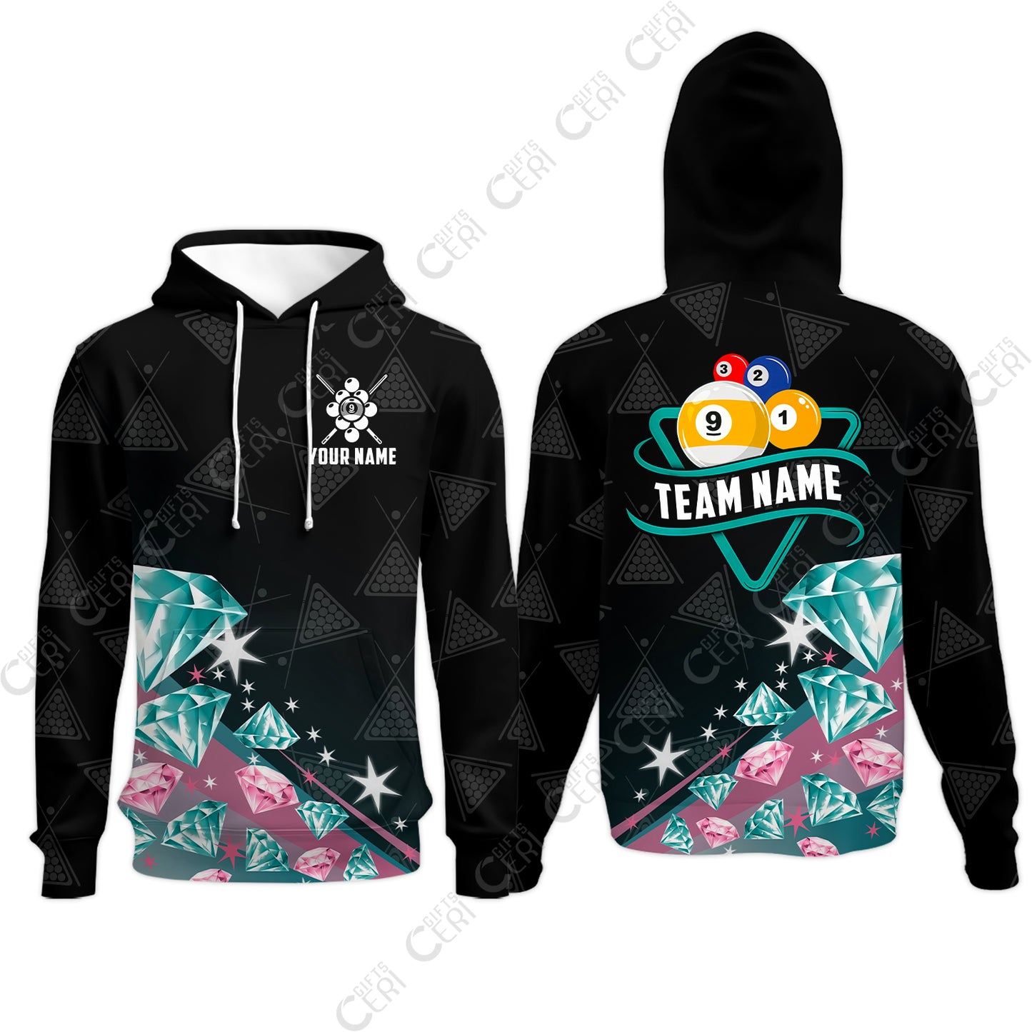 Customized 9 Ball Pool Hoodies, Diamonds Billiard 9-Ball, Personalized Billiards Jersey