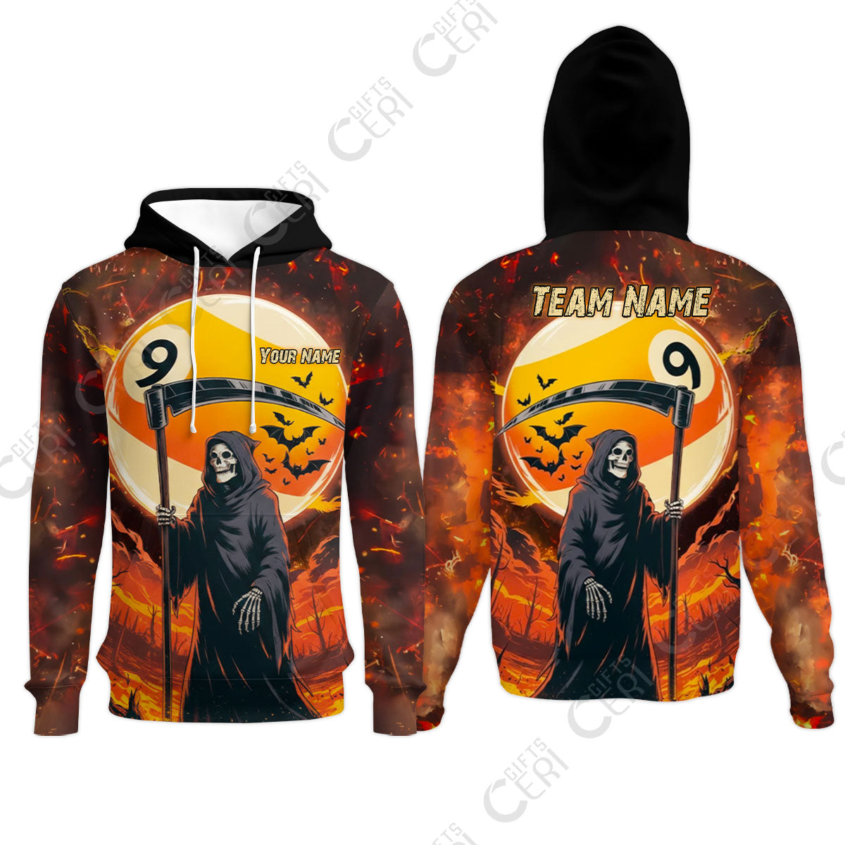 Customized Billiards Hoodies, Personalized Halloween Grim Reaper Death Shot 9 Ball Jersey Gift For Billiard Players