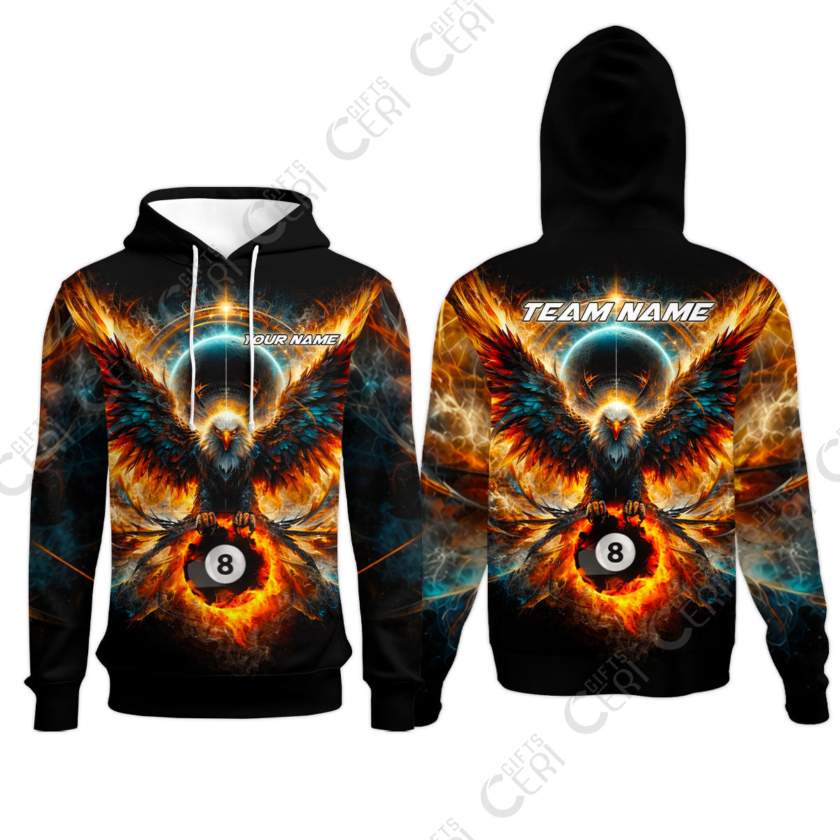 Customized 8 Ball Pool Hoodies, Billiard Phantom 8-Ball Flame Eagle, Billiards Jerseys