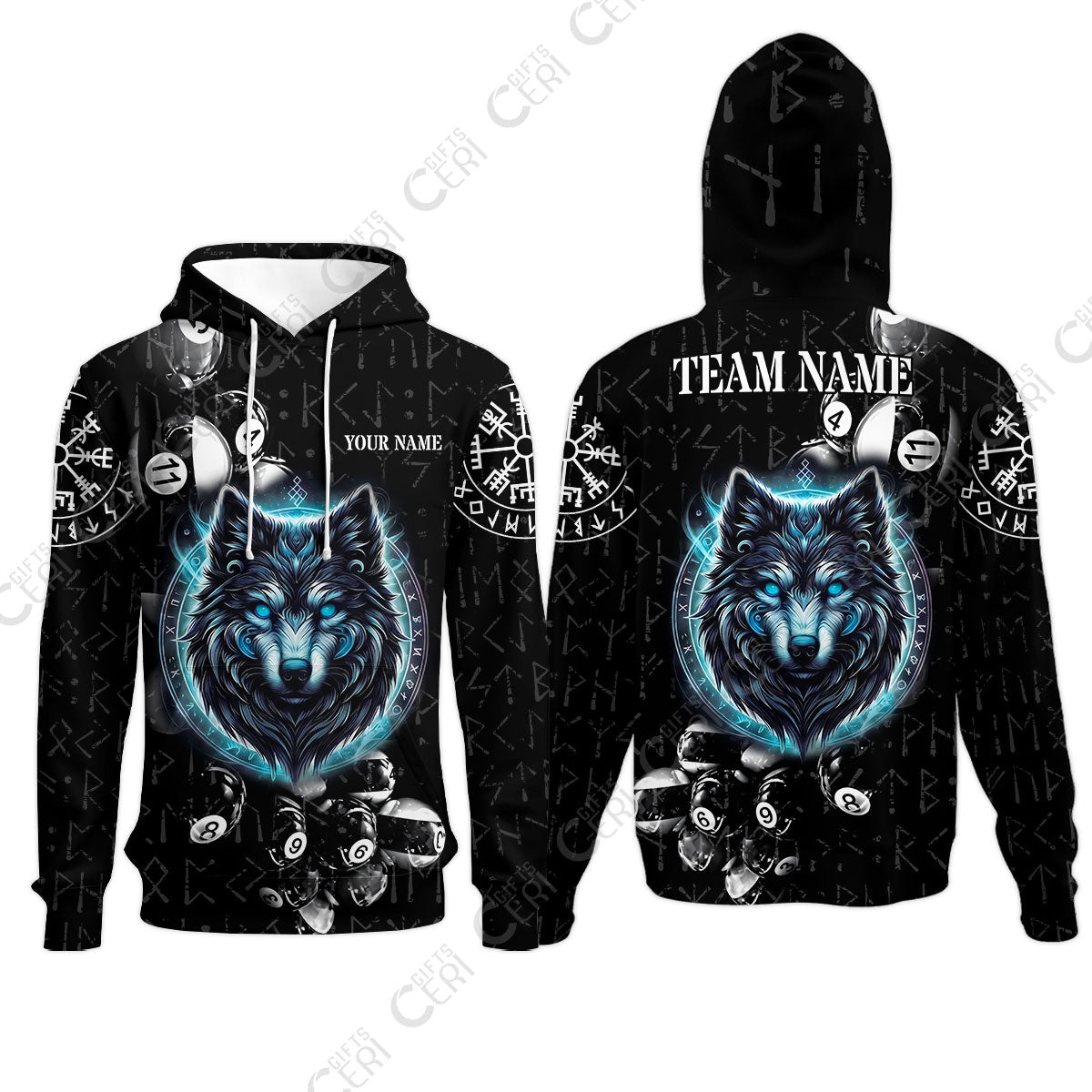 Customized Billiards Hoodies, Wolf Runic Viking Black Grunge Alphabet, Billiards Jerseys