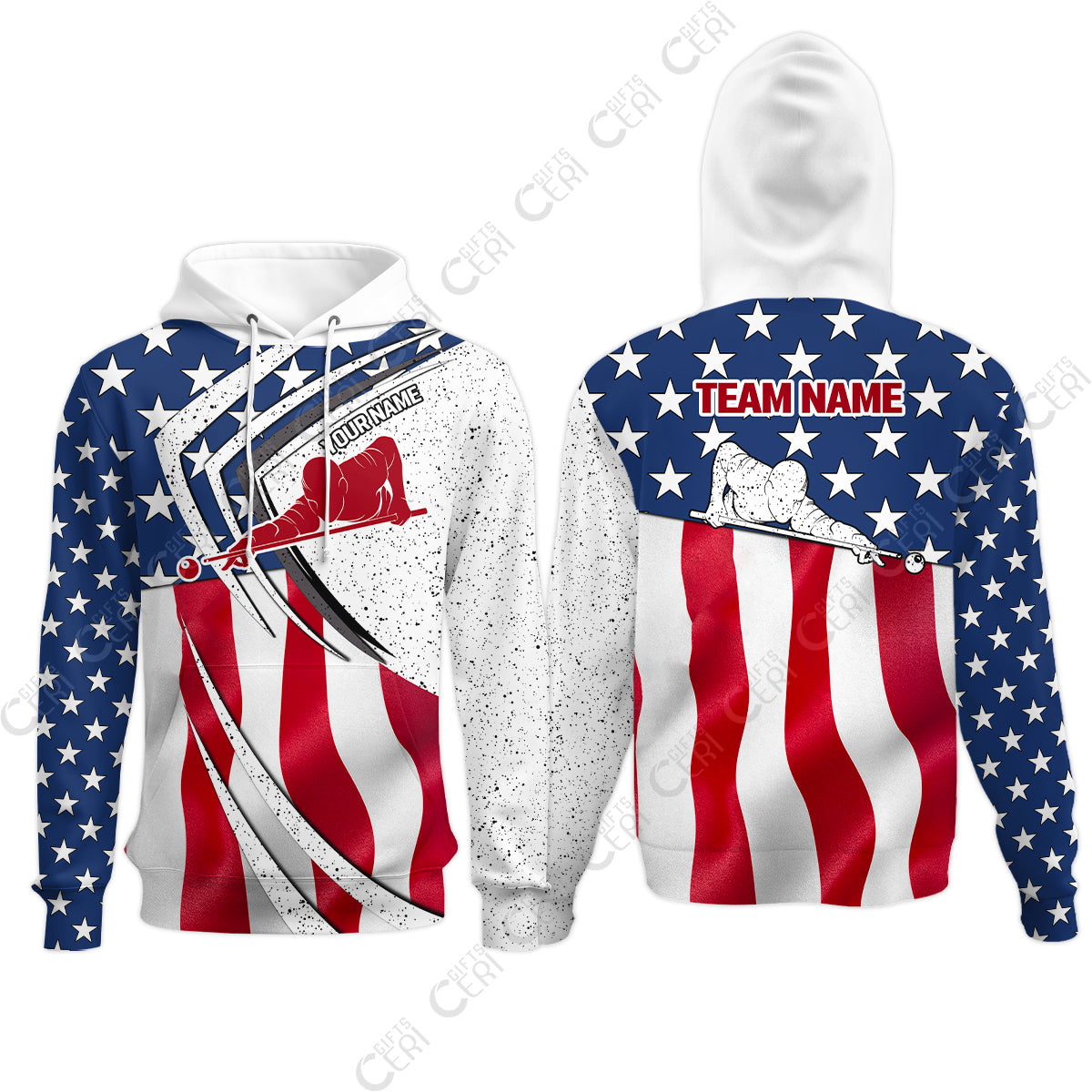 Customized Billiards Hoodies, Billiards Player Silhouette With American Flag, Billiards Jerseys
