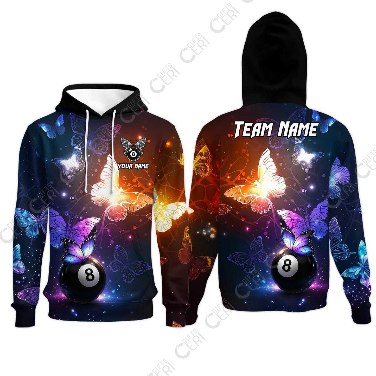 Customized 8 Ball Pool Hoodies, Billiard Butterfly Sparkle 8-Ball, Personalized Billiards Jersey