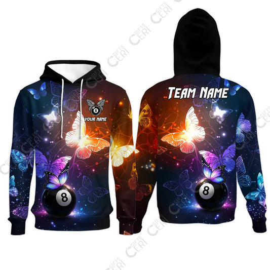 Customized 8 Ball Pool Hoodies, Billiard Butterfly Sparkle 8-Ball, Personalized Billiards Jersey