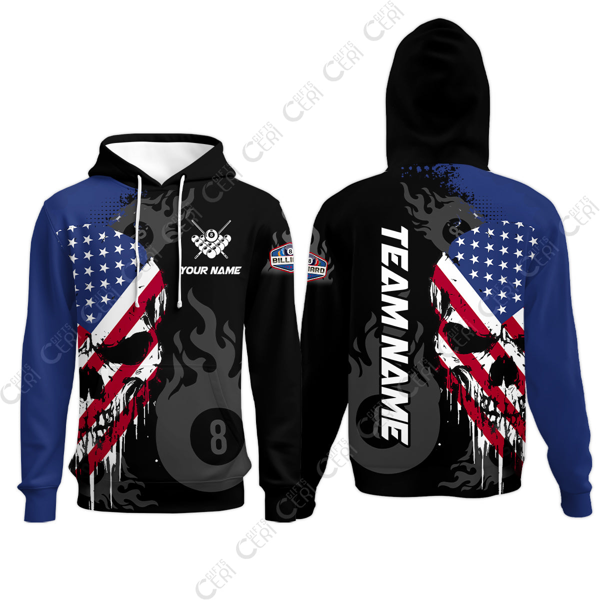 Customized 8 Ball Pool Hoodies, Billiards 8-Ball Flame And The Skull With American Flag, Billiards Jerseys