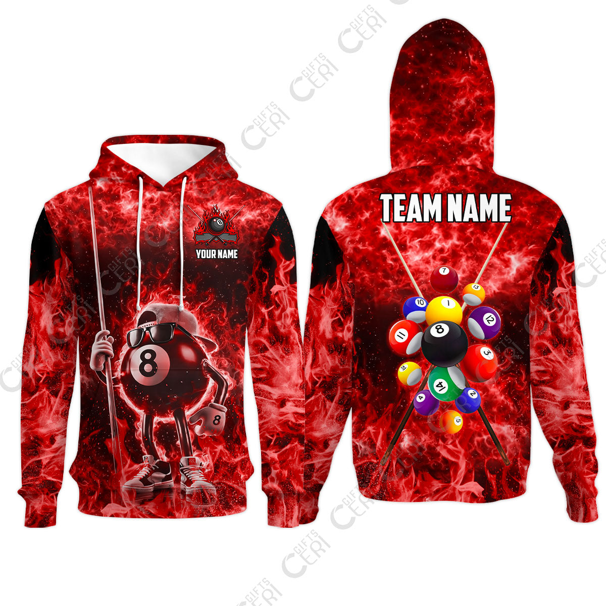 Customized 8 Ball Pool Hoodies, 8-Ball Wearing Cap And Sunglasses Flaming Burn, Billiard Jerseys