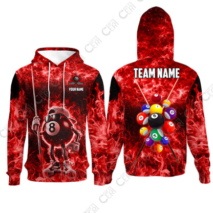 Customized 8 Ball Pool Hoodies, 8-Ball Wearing Cap And Sunglasses Flaming Burn, Billiard Jerseys