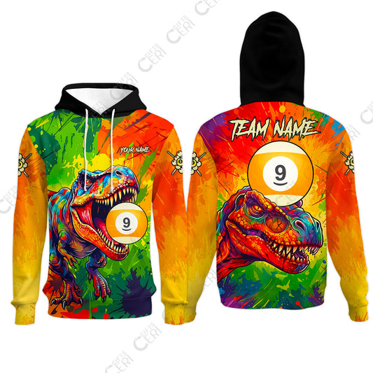 Customized 9 Ball Pool Hoodies, Dinosaur Colorful Splash Paint Billiard 9-Ball, Personalized Billiards Jersey