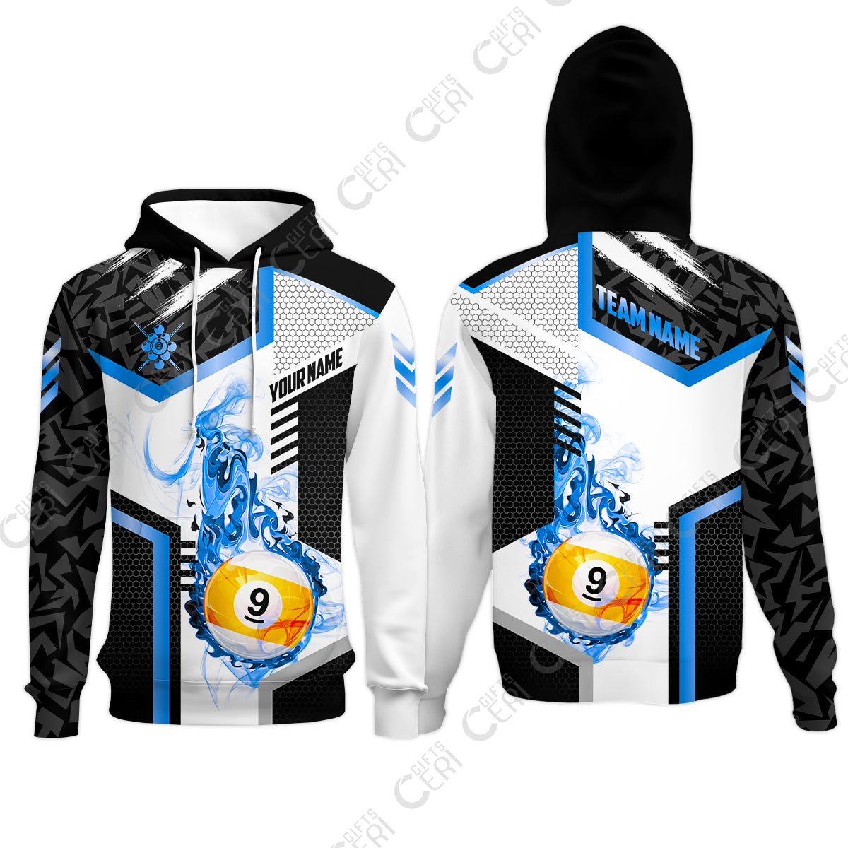 Customized 9 Ball Pool Hoodies, Flaming 9-Ball Graphic, Billiards Jersey