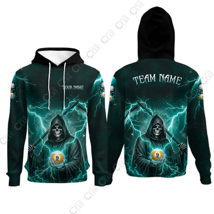 Customized 9 Ball Pool Hoodies, Lightning And Flame Grim Reaper With 9 Ball, Personalized Billiards Jersey