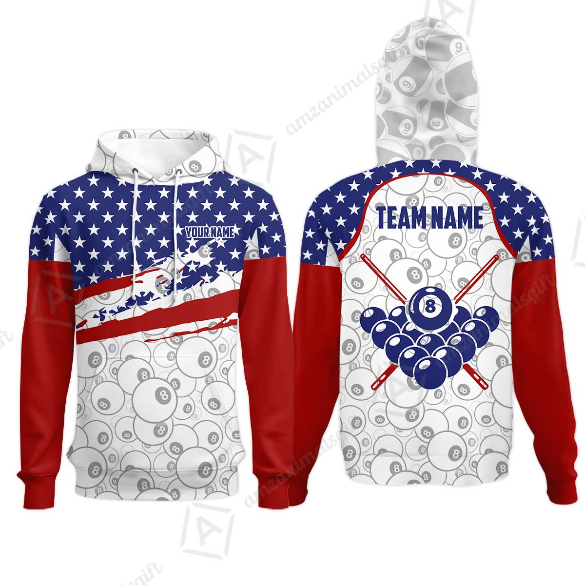 Customized 8 Ball Pool Hoodies, American Star Flag Billiard 8-Ball, Personalized Billiards Jersey