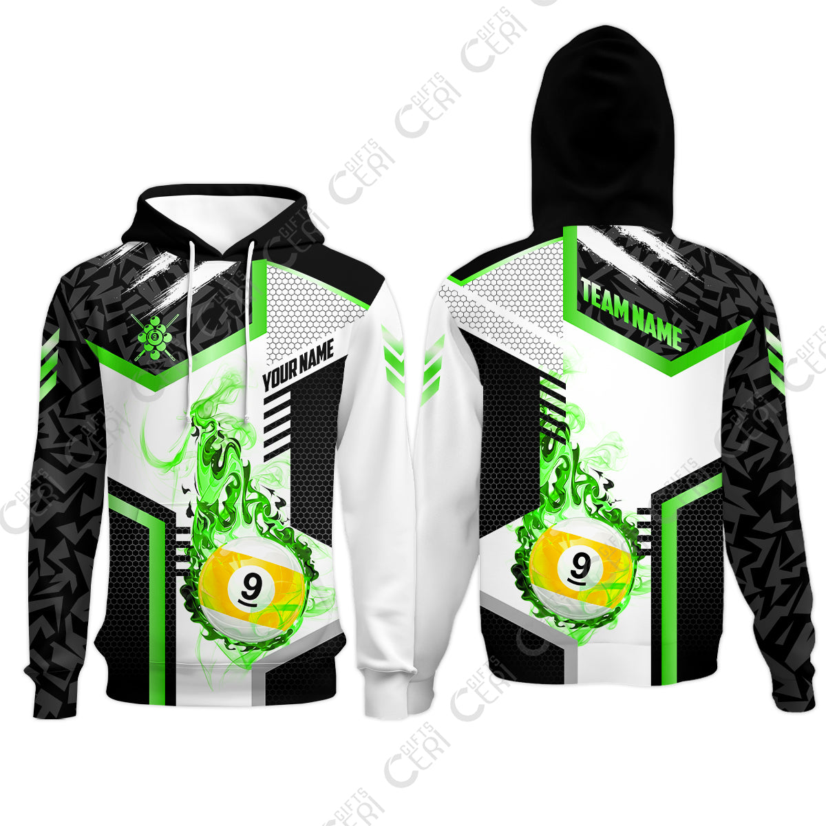 Customized 9 Ball Pool Hoodies, Flaming 9-Ball Graphic, Billiards Jersey