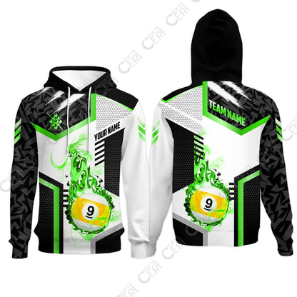 Customized 9 Ball Pool Hoodies, Flaming 9-Ball Graphic, Billiards Jersey