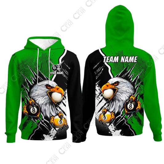 Customized Billiards Hoodies, 8 & 9 Ball Billiard Eagle Comic Dot Halftone Background Color, Billiards Jerseys